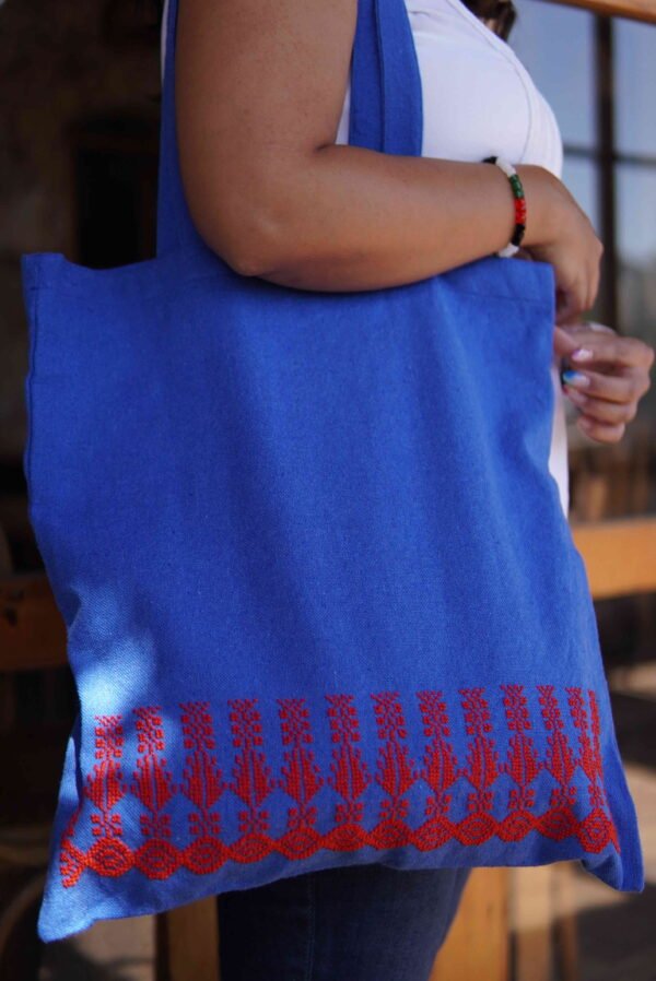 Blue tote bag with Burgundy embroidery