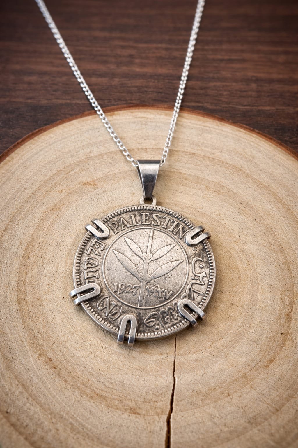 Palestinian Silver coin 50 mil Silver crown frame necklace - Image 3