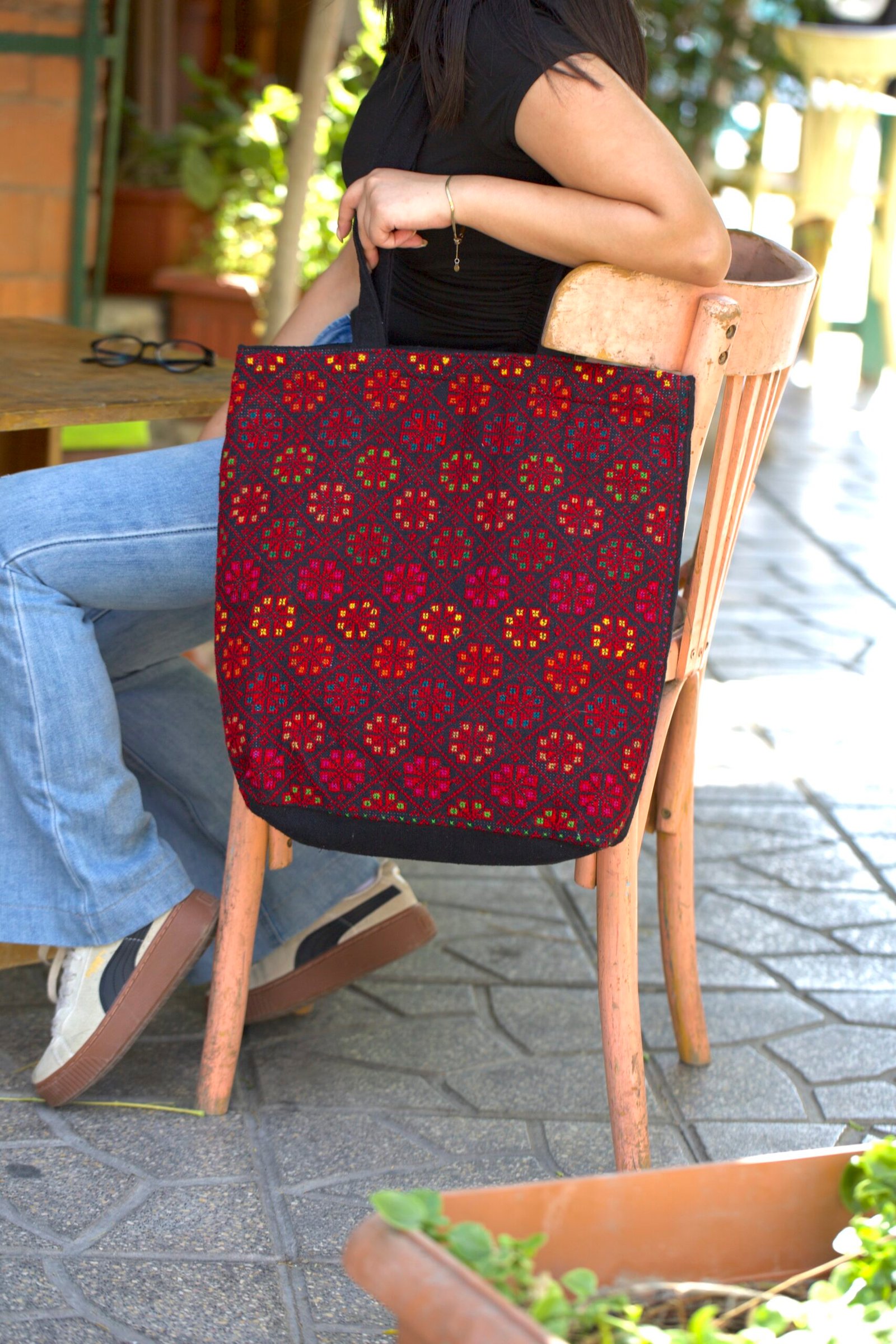 Fully Embroidered Floral Motif Black Tote Bag - Image 2