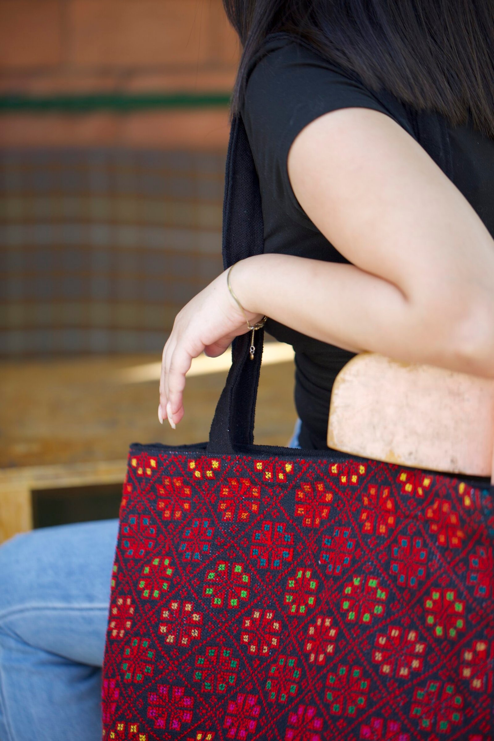 Fully Embroidered Floral Motif Black Tote Bag - Image 3
