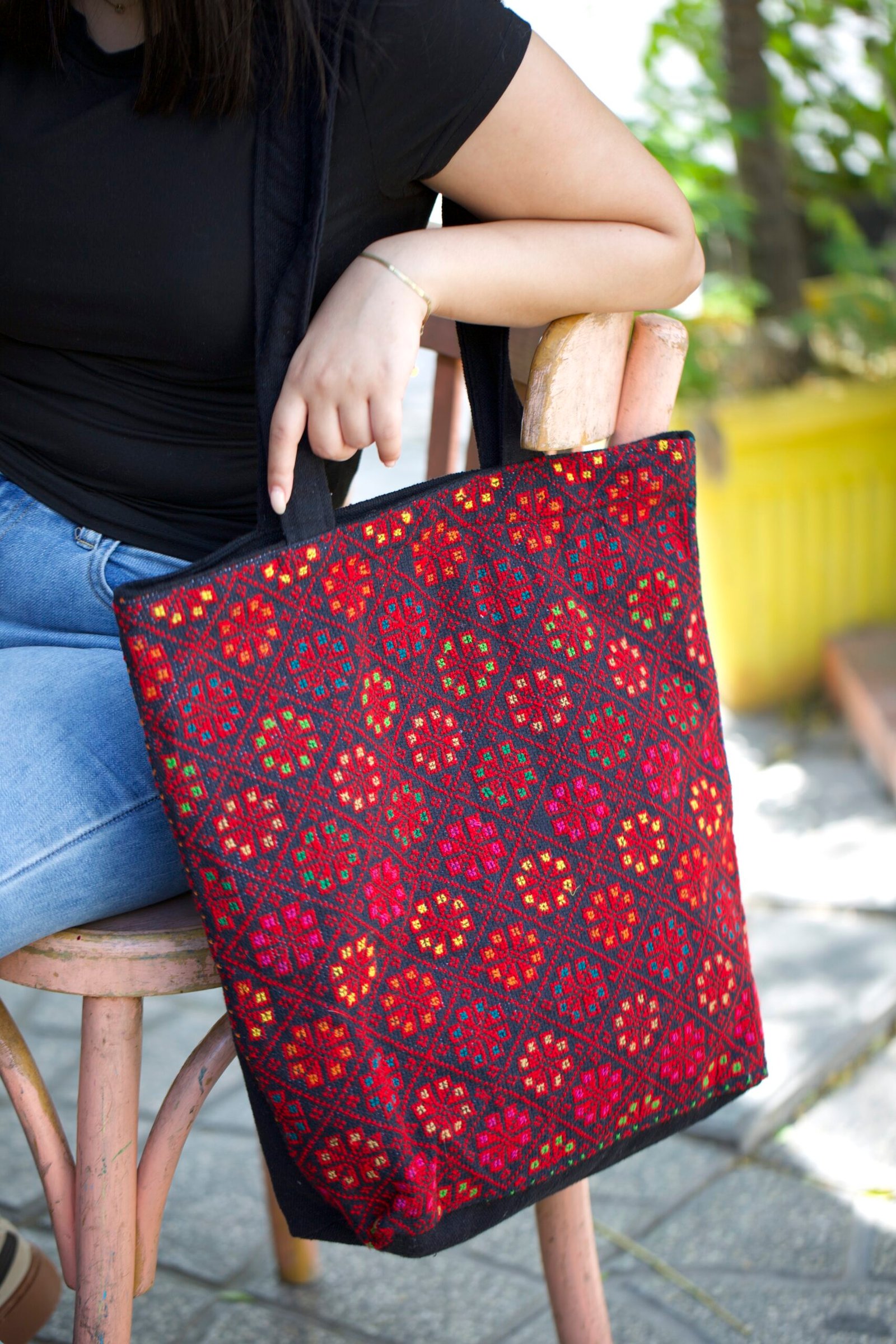 Fully Embroidered Floral Motif Black Tote Bag