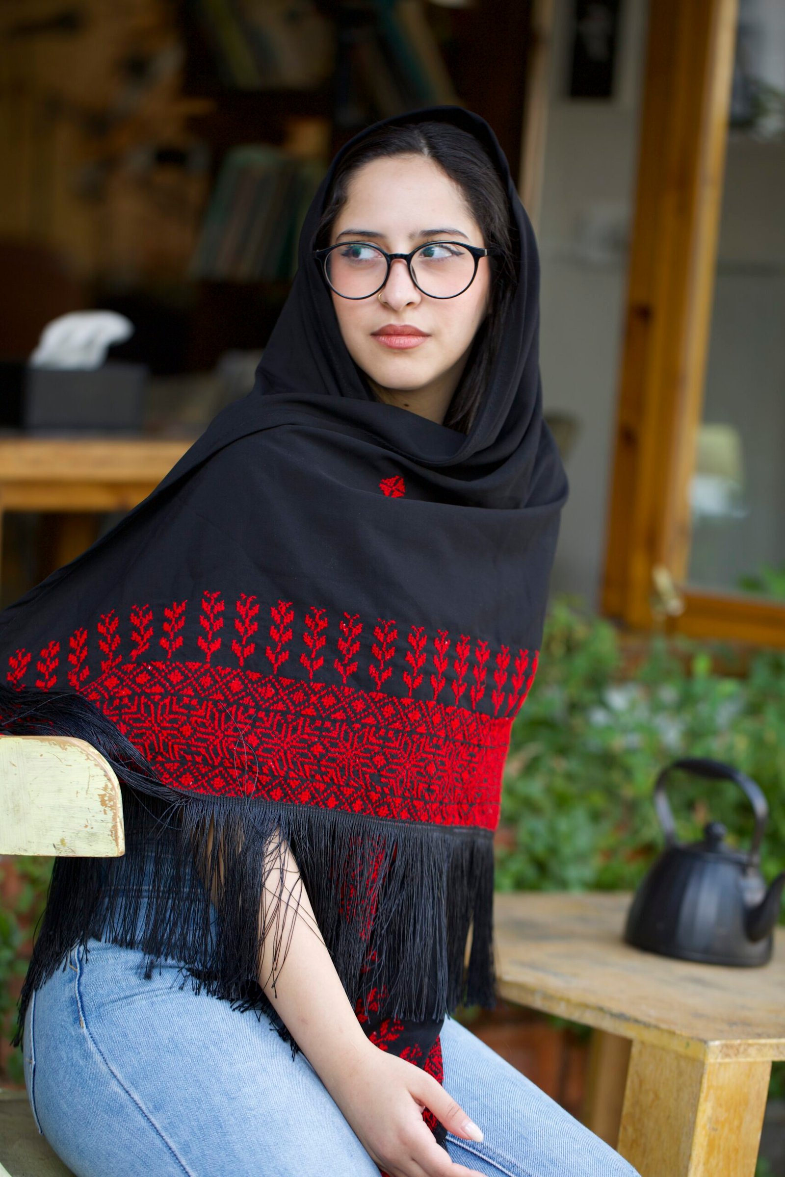 Handembroidered Black And Red Shawl